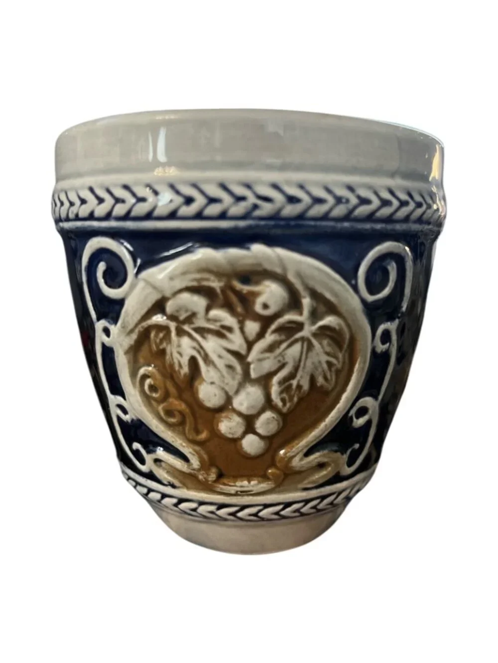 Set of 3 Vintage West German Stoneware Wine Cups Grapevine Relief Blue Pottery B